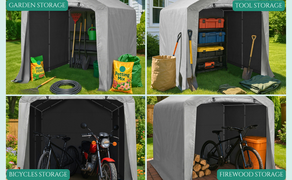 Four-panel image showing before and after views of storage solutions, displaying organized garden tools and equipment in covered outdoor storage units.