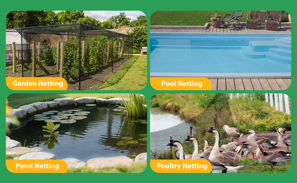 Text reads 'POND NETTING KIT'. Multiple images showing green protective netting installation over a pond, including closeups of mounting hardware and complete coverage views.
