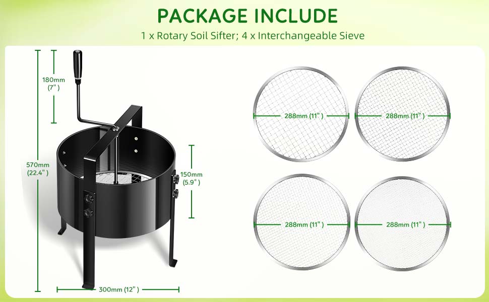 Rotary soil sifter kit with black metal frame, handle, and four interchangeable circular wire mesh sieves. Package includes dimensions for sifter and 11-inch diameter sieves.