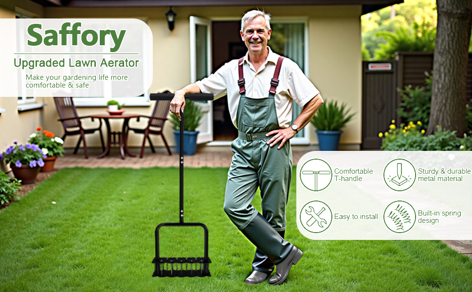 Text reads 'Safiory'. Multiple panels showing outdoor garden or yard setting with lawn furniture and product demonstration images with icon indicators.