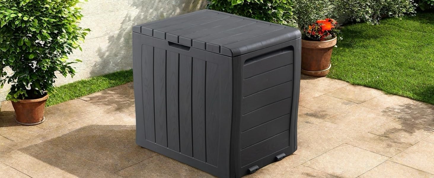 A well-organized outdoor patio with a stylish garden storage box containing various gardening tools