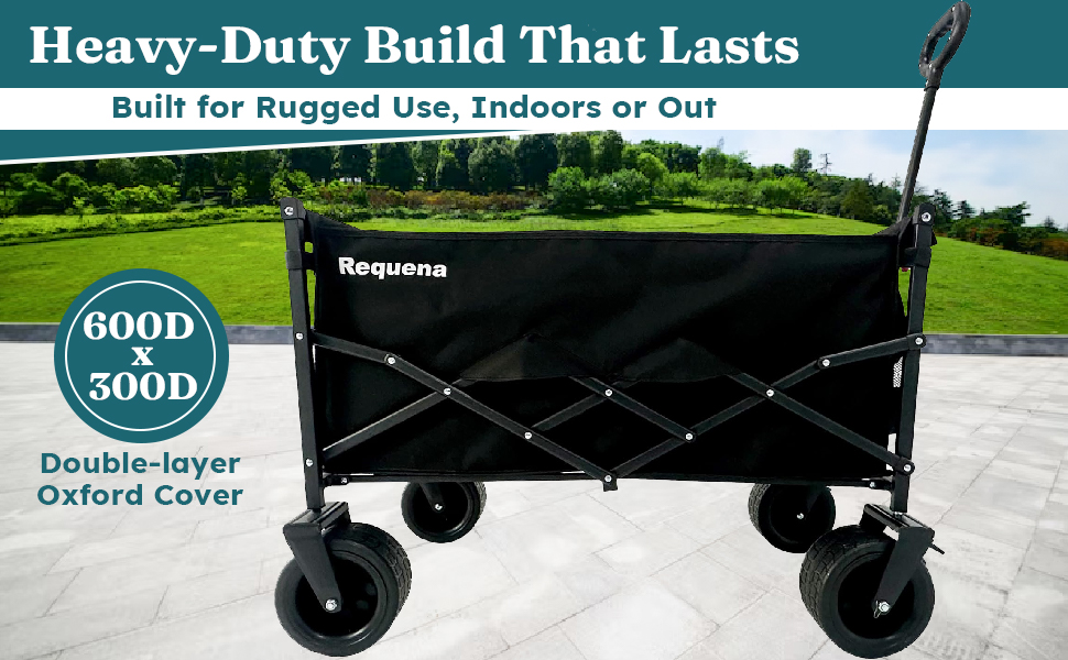 Heavy-duty utility wagon with large wheels and rugged build, shown from multiple angles on grass or outdoor surfaces.