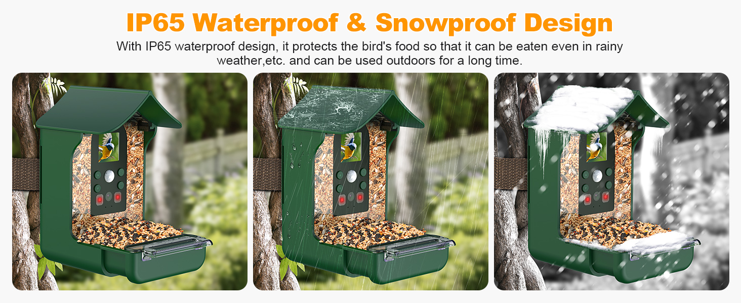 Three-panel comparison of bird feeder photos showing IP65 waterproof and segmented design features.