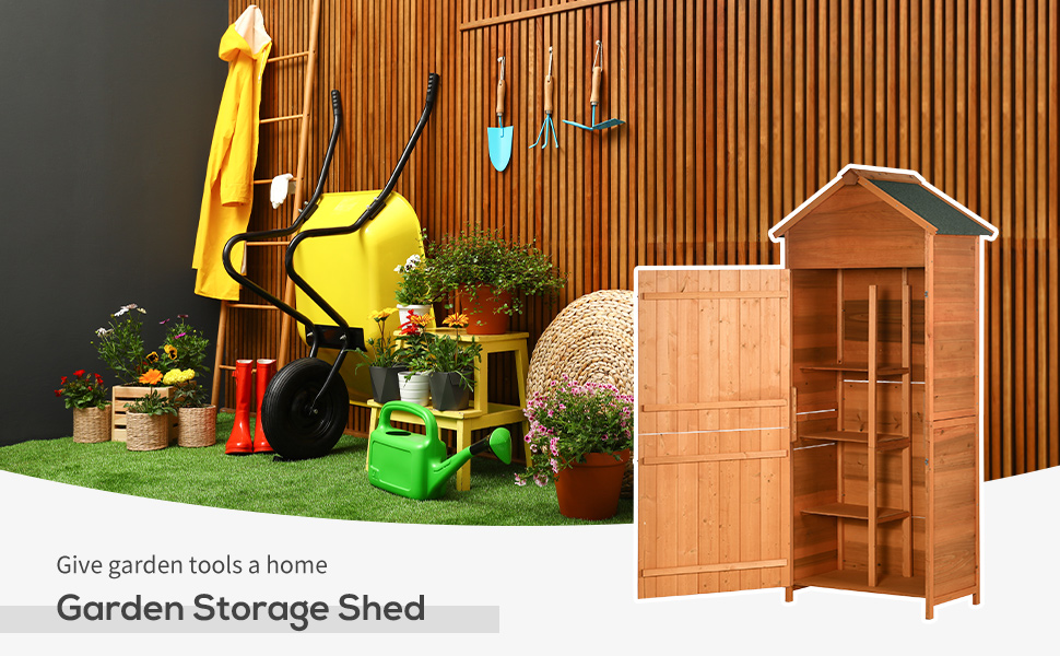Wooden garden storage shed displayed with assorted gardening tools, yellow watering can, and potted plants against slatted wall background.