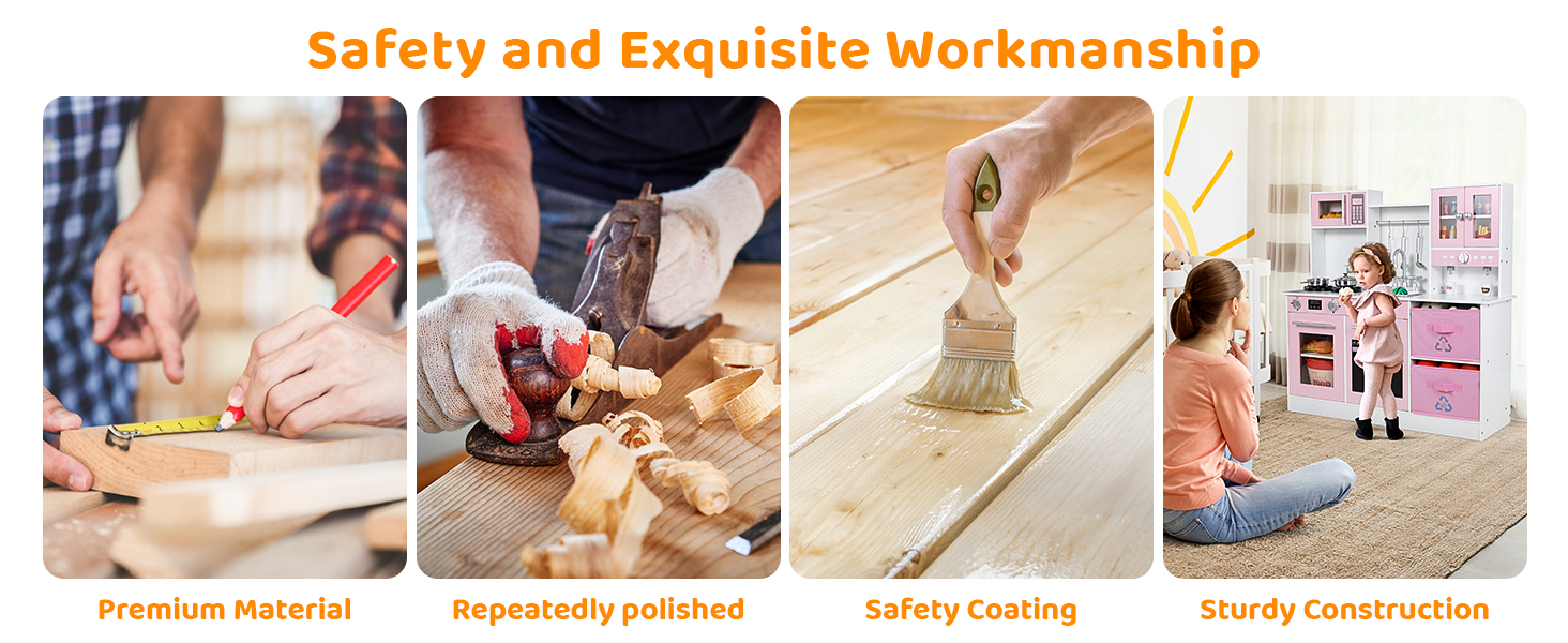 Text reads 'Safety and Exquisite Workmanship' with subheadings 'Premium Material', 'Repeatedly polished', 'Safety Coating', 'Sturdy Construction'. Shows manufacturing process images.