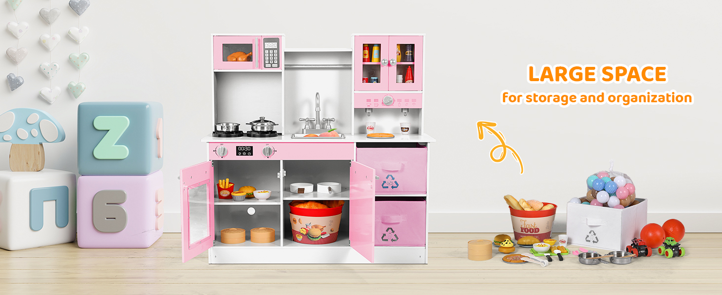 Text reads 'LARGE SPACE'. Pink and white modular storage shelving unit with multiple compartments, displaying toys and decorative items.