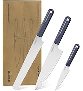 Three kitchen knives with stainless steel blades and dark blue handles, displayed next to their cardboard packaging. Set includes a chef's knife, bread knife, and paring knife.