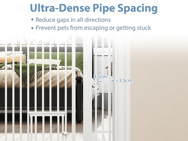 Text reads 'Ultra-Dense Pipe Spacing' followed by '• Reduced gaps in all directions' and '• Prevent pets from sneaking or getting stuck'. Shows white safety gate with vertical bars.