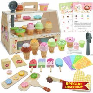 SIMPLIPLAY 2 in 1 Portable Wooden Ice Cream Toy & Cookie Play Set (63pcs)