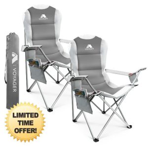 Voyager Folding Camping Chairs 2 Pack with Cooler Bag