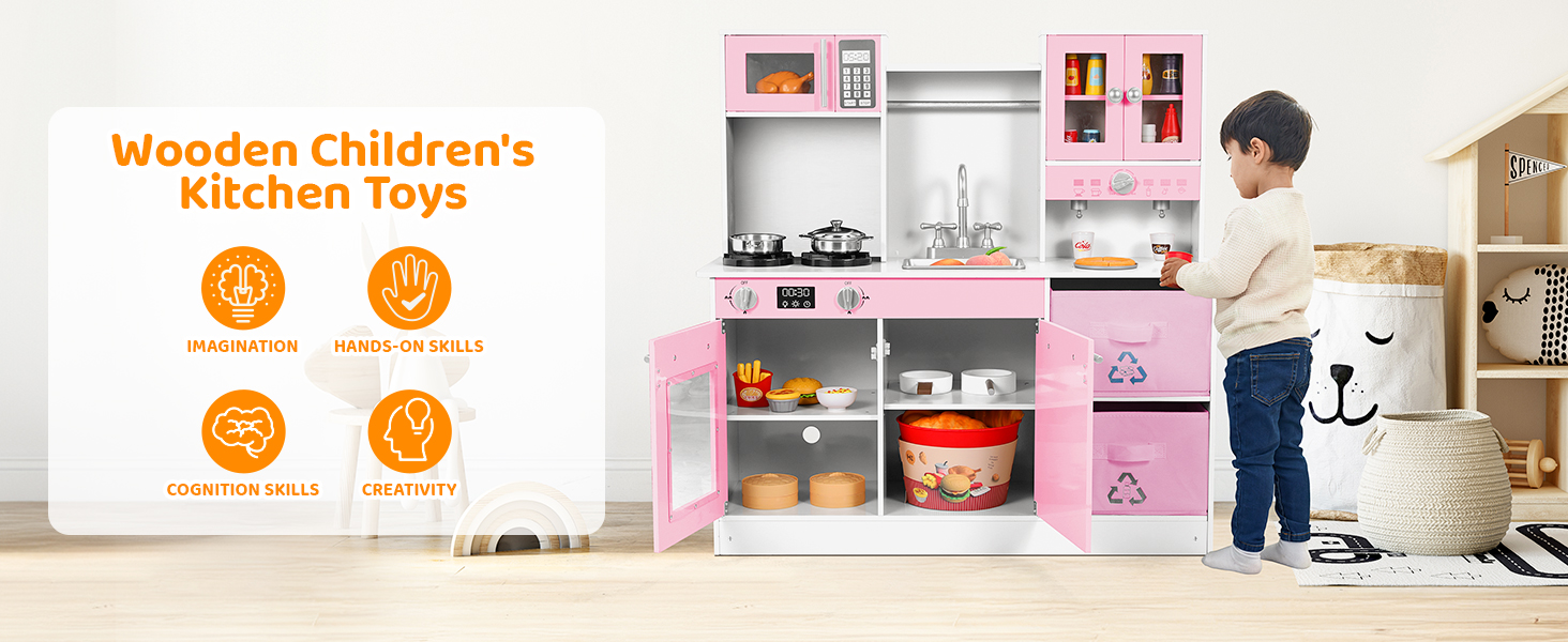 Text reads 'Wooden Children's Kitchen Toys'. Pink and white play kitchen set with multiple compartments, complete with cooking accessories and storage spaces.