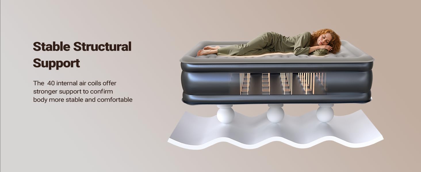 Inflated air mattress in home setting with person sitting on edge. Dark gray double-height air mattress with built-in pillow section.