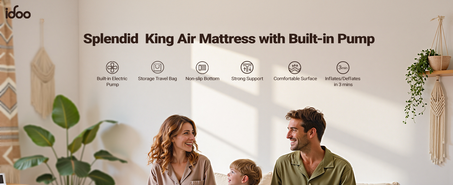Text reads 'Splendid! King Air Mattress with Built-in Pump'. Marketing image showing inflatable mattress features through multiple icons and lifestyle shots.