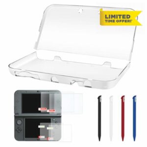 3-in-1 Accessories Kit for Nintendo New 3DS XL/LL – Clear Hard Case + Screen Protectors (Tempered Glass & PET) + 4 Stylus Pens – Protective Bundle Compatible with New 3DS XL/LL