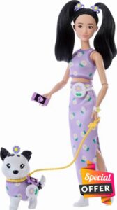 Barbie Twinning Looks Doll with Pet Dog in Matching Purple Daisy Clothes and Accessories for Both Like Flowers and Belt Bags