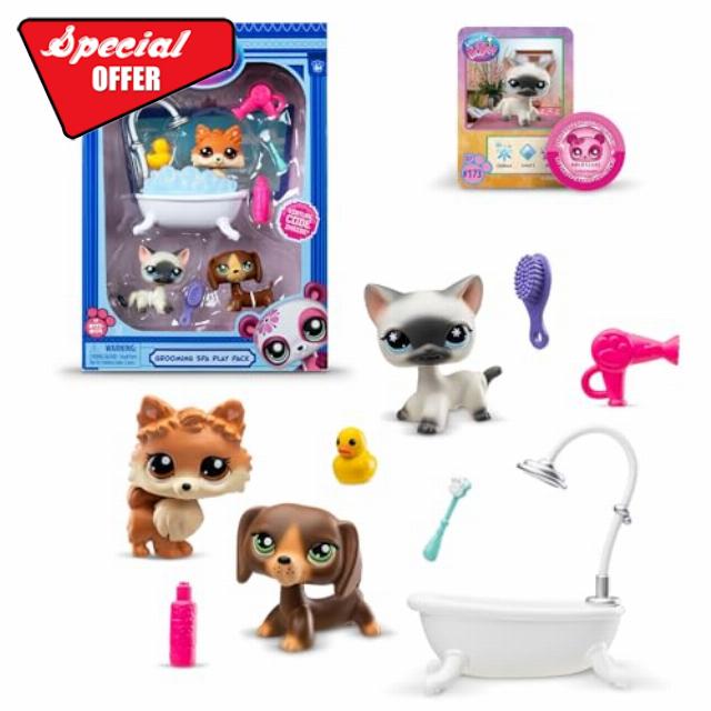 Littlest Pet Shop Bandai Grooming Spa Play Pack | The Pack Contains 3 LPS Mini Pet Toys 6 Accessories 1 Collector Card And 1 Virtual Code | Collectable Toys For Girls And Boys