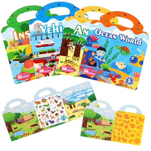 4Packs Reusable Stickers Animals Vehicle Ocean Insect