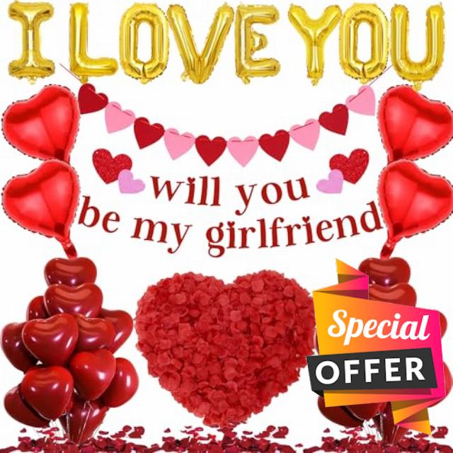 Will You Be My Girlfriend - 534 Pcs Balloons Banner I Love You Heart Pull Flag Foil Latex Red Heart Balloon Artificial Rose Petals Decorations For Valentine'S Day Engagement Wedding Romantic Occasions