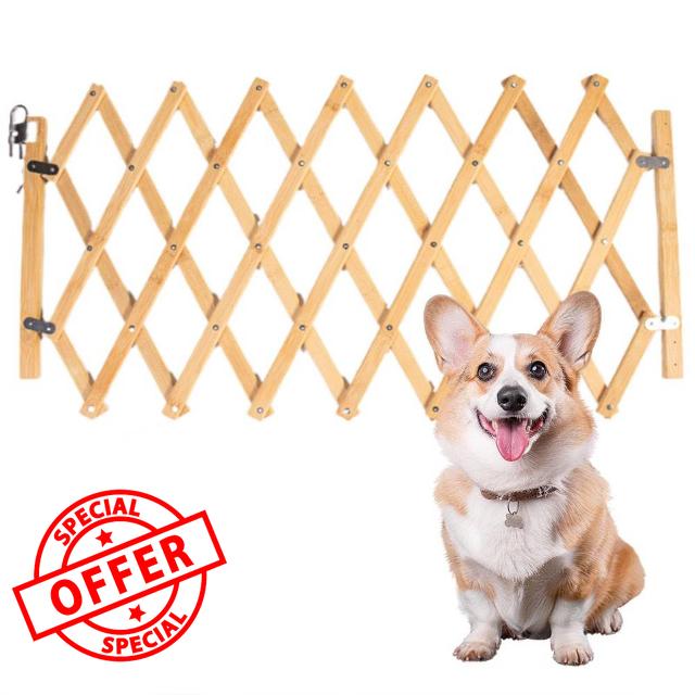 Wooden Retractable Pet Gate for Dogs – 18.6” Tall Foldable Dog Gate for Doorways & Stairs – Wood Color