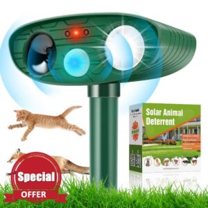 Cat Repellent Garden Ultrasonic Fox Repellant Cat Deterrent Pet Animal Deterants Solar Powered & Waterproof Flashing Light Outdoor Farm Yard