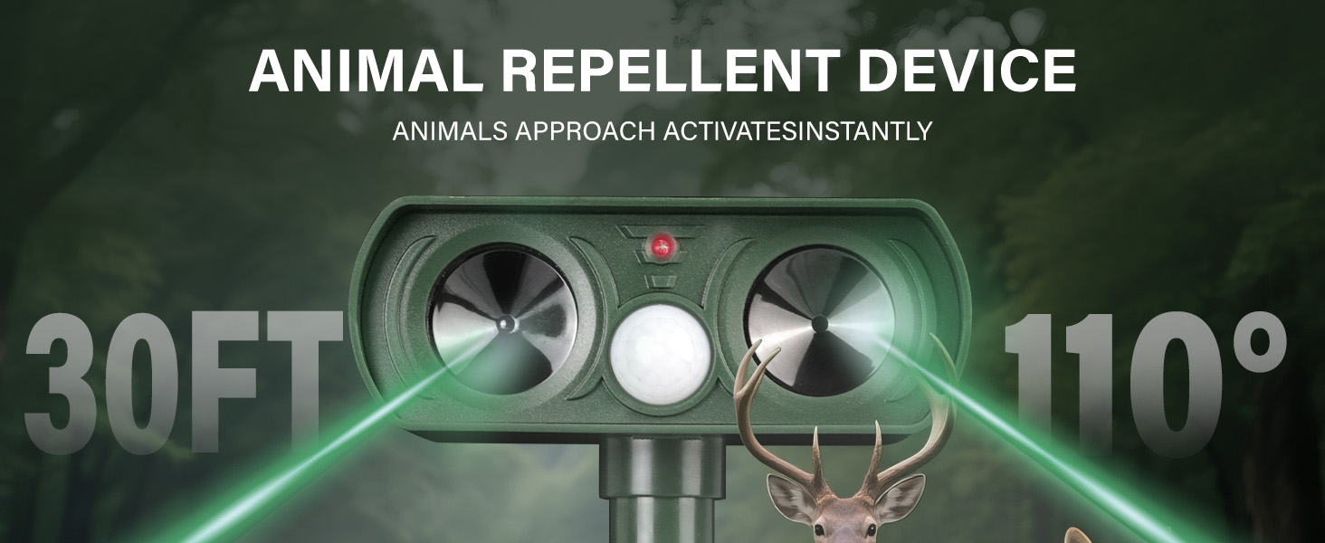 Text reads: 'ANIMAL REPELLENT DEVICE', '30FT', '110°'. Dark image showing device specifications with illuminated display features.