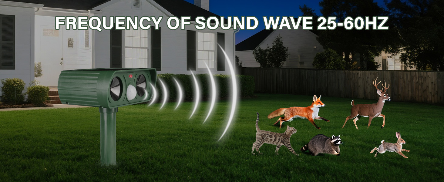 Text reads 'FREQUENCY OF SOUND WAVE 25-60Hz'. Illustration showing sound waves affecting animals on a lawn near a device.