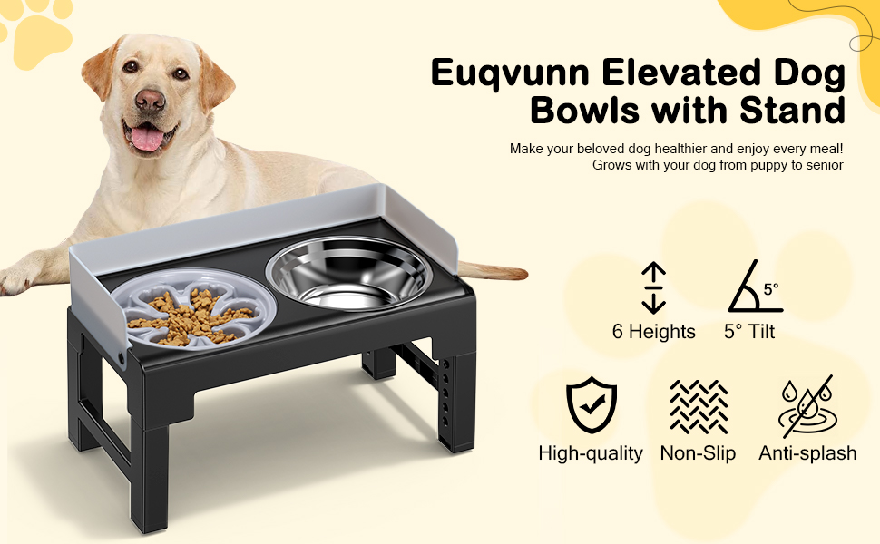 Text reads 'Eunyuna Elevated Dog Bowls with Stand'. Product image shows raised pet feeding station with icons indicating stability, height adjustability, and durability features.