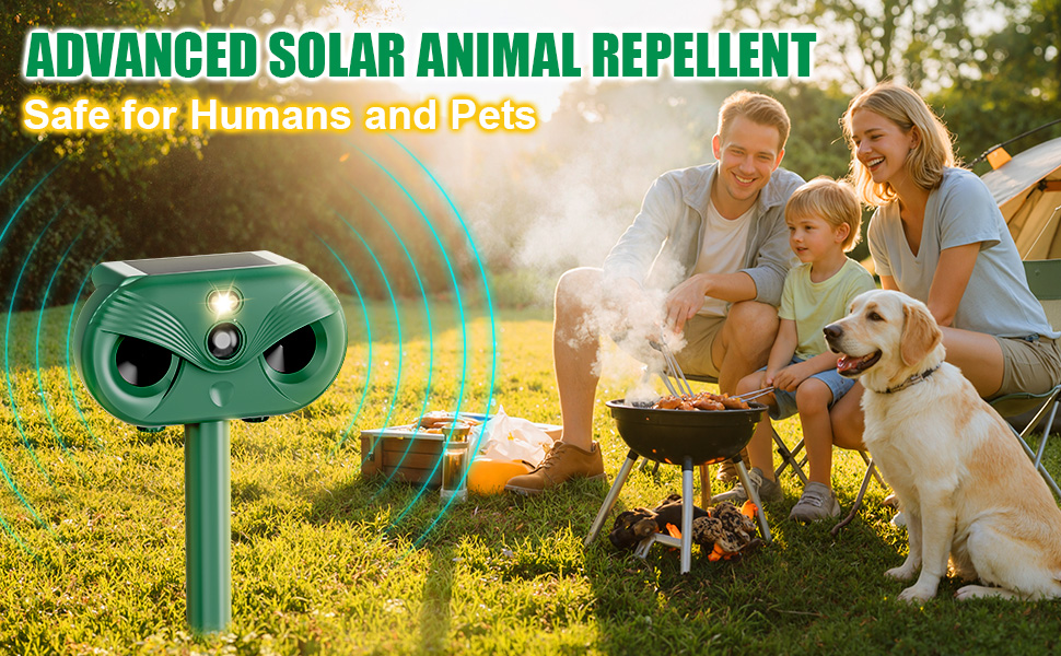 Text reads 'SOLAR POWERED CHARGING' and 'USB DC CHARGING'. Green garden sprinkler device shown in outdoor sunlight and indoor settings.