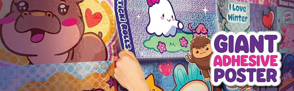 Text reads 'GIANT ADHESIVE POSTER'. Colorful cartoon-style illustration featuring cute characters and decorative elements in pink, blue, and pastel colors.