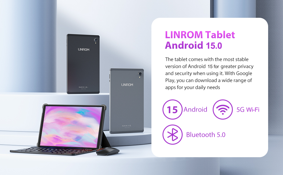 Text reads 'LINKSYS SMART Android 15.0' with Bluetooth and connectivity icons. Product image shows tablet device with pink display alongside networking equipment