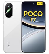 Text reads 'POCO F7'. Multiple views of a smartphone showing the device from different angles, featuring silver-gray metallic finish and dual camera system.