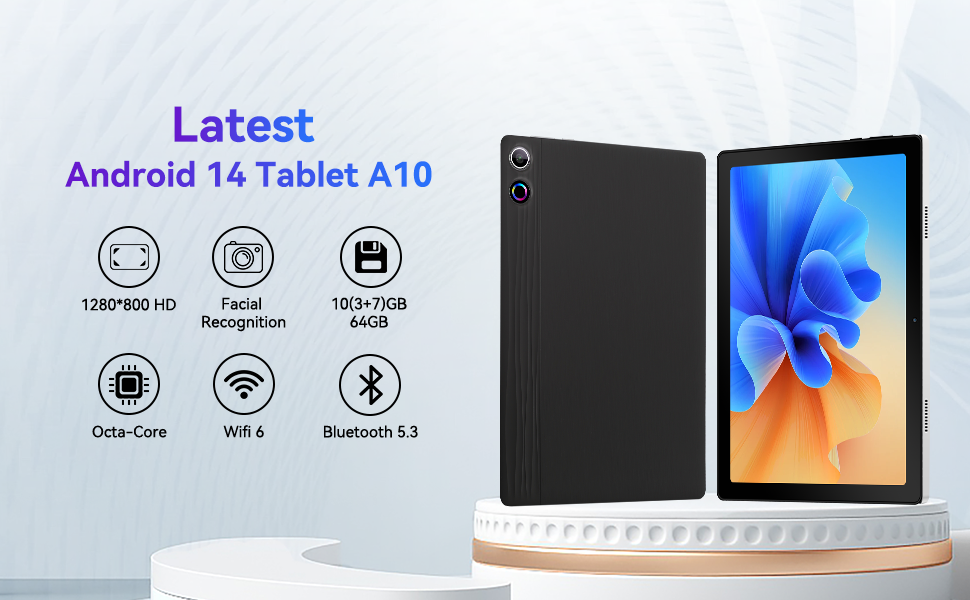 Text reads 'Android 14 Tablet A10' 'Latest'. Product showcase of tablet device with icons displaying features including WiFi, Bluetooth 5.3, and Octa-Core capabilities.