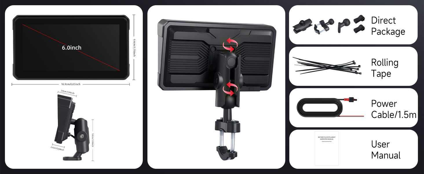 Camera monitor with adjustable mount and brightness control. Display shows mountain landscape. Slider indicates brightness adjustment from 15% to 100%.