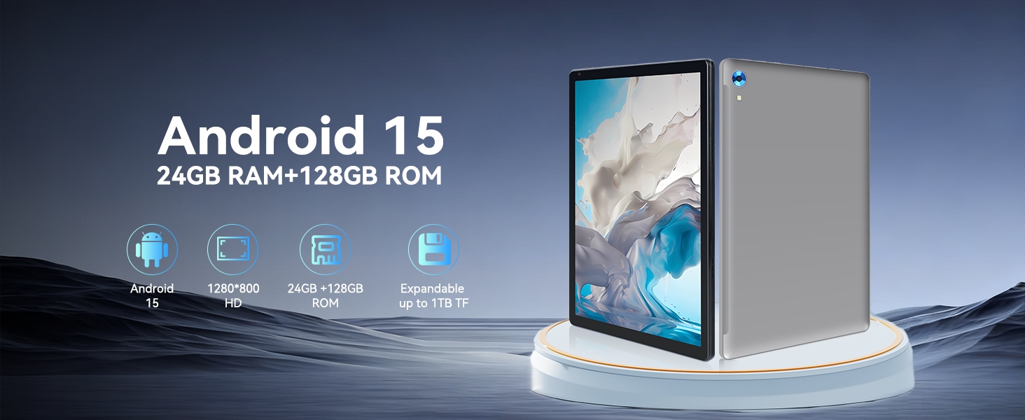 Text reads 'Android 15' and '24GB RAM+128GB ROM'. Marketing image showing tablet or display device with technical specifications.