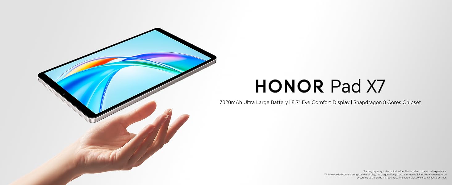 Text reads 'HONOR Pad X7'. Shows another angle of the same tablet floating above a hand against white background.