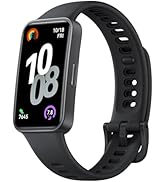 Huawei smartwatch with rose gold metallic band and circular display showing red digital time interface, paired with wireless earbuds charging case.
