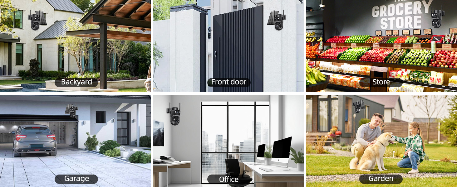 Text reads 'GROCERY SHOP'. Grid of lifestyle images showing modern home exterior, interior spaces, and outdoor shopping scene with fresh produce display.