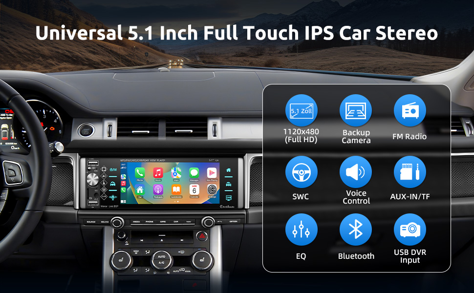 Car dashboard with 5.1 inch full touch IPS stereo system, showing various icons for functions like GPS, Bluetooth, and radio on the display screen.