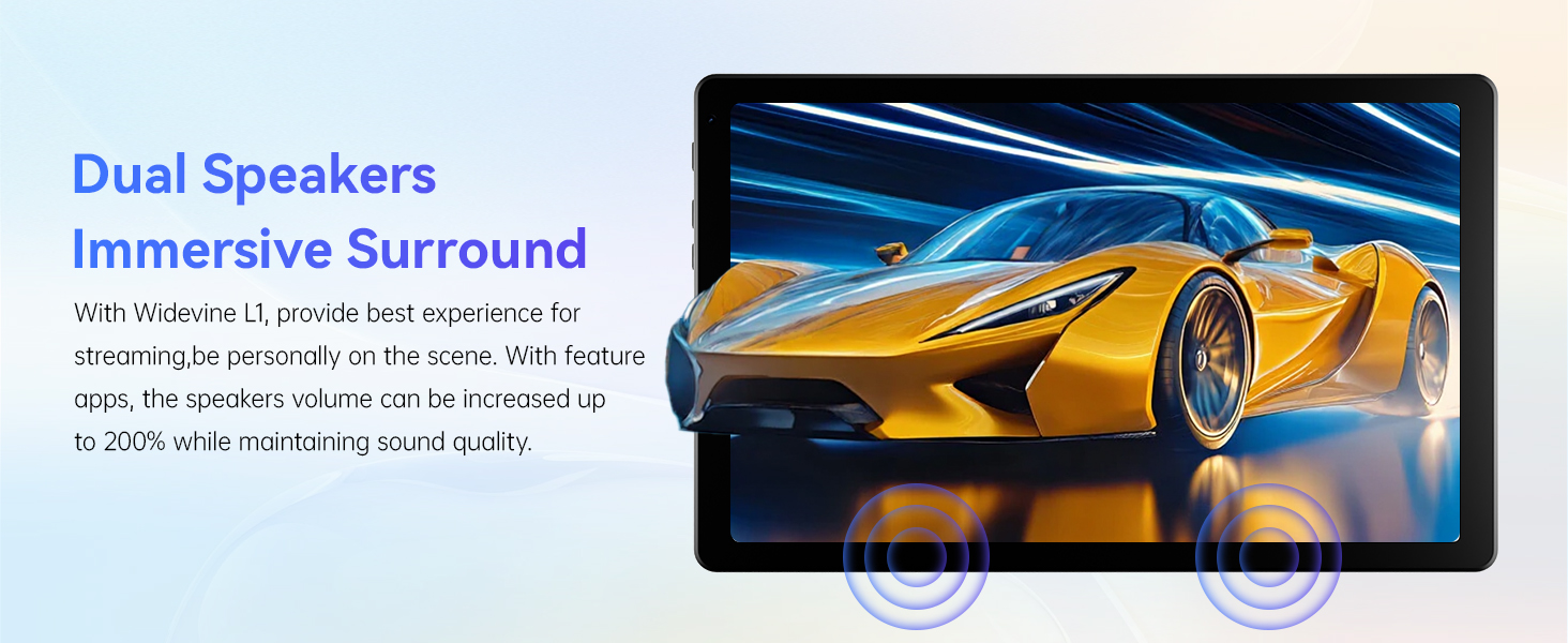 Text reads 'Dual Speakers Immersive Surround'. Display showing yellow sports car against blue-black background with speaker icon visible.