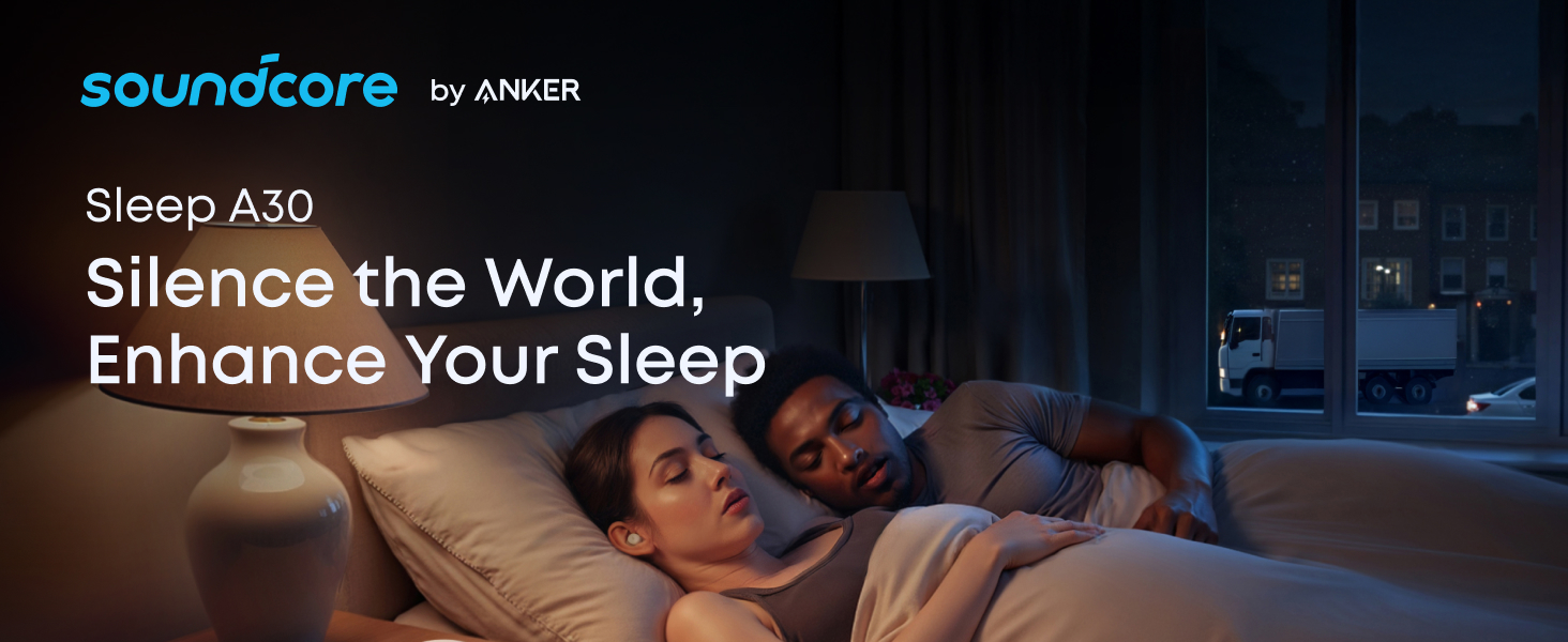 Text reads 'Silence the World, Enhance Your Sleep.' Dark, atmospheric image showing bedroom or sleep-related scene.