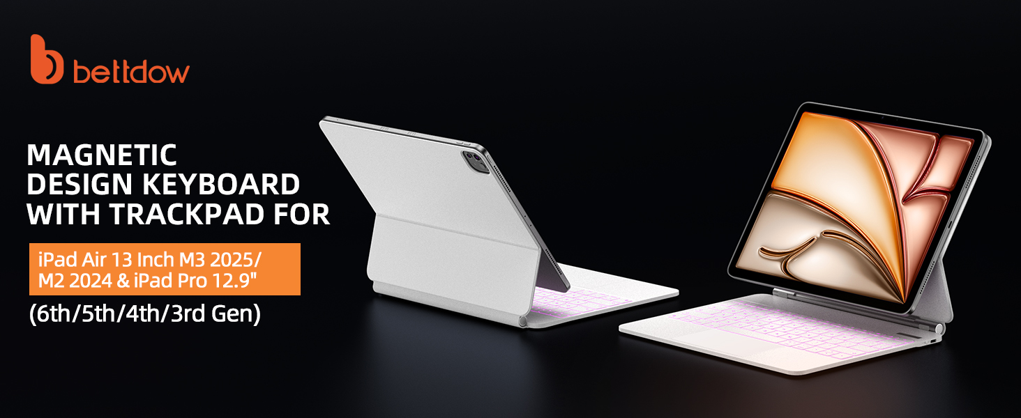 Magnetic design keyboard with trackpad for iPad Air and iPad Pro. Features a white keyboard case with backlit keys and a large trackpad, compatible with multiple iPad generations.