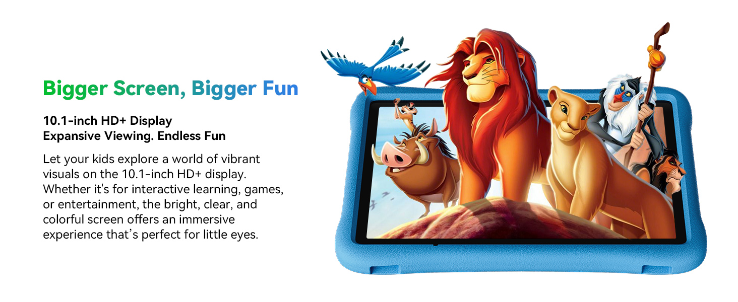 Animated lion character displayed on a blue-framed tablet or screen device, with text about screen size.