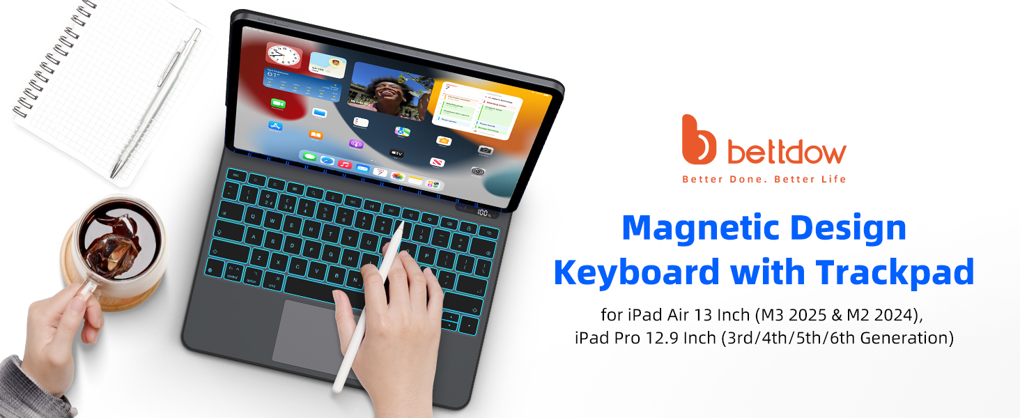 Text reads 'Magnetic Design Keyboard with Trackpad' with Belldow logo. Shows tablet with attached keyboard case featuring integrated trackpad and backlit keys.
