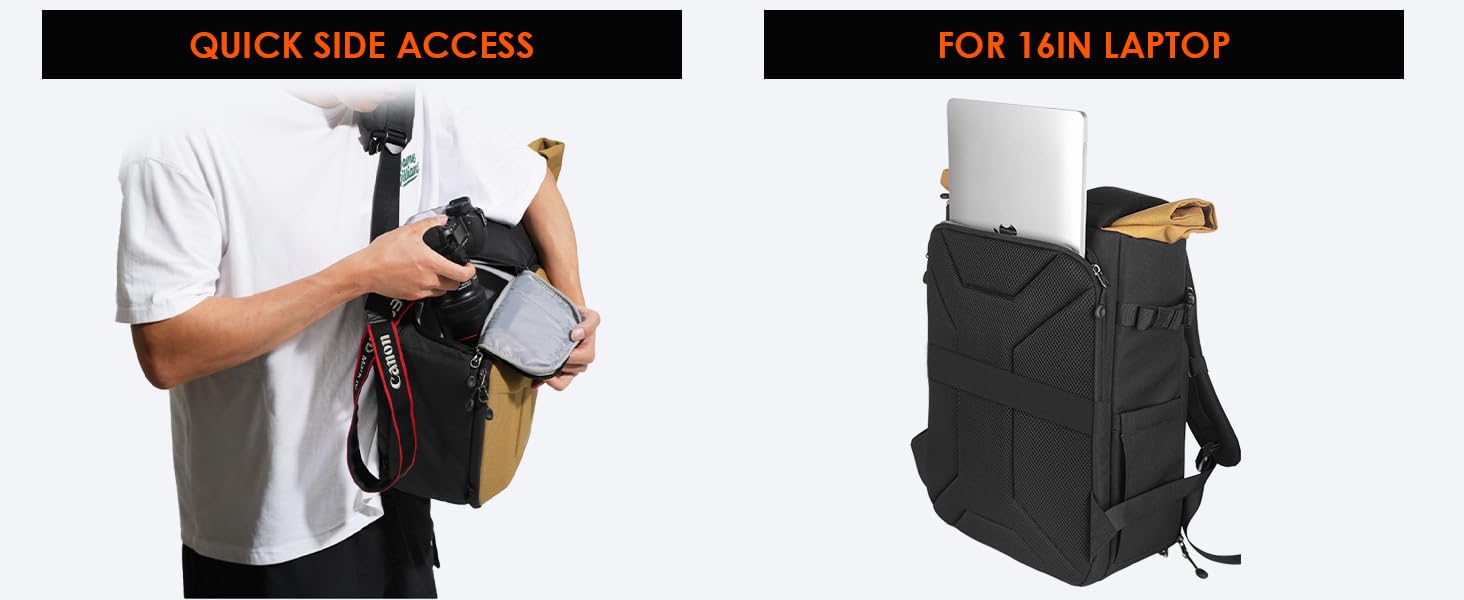 Product demonstration of a black camera bag or case, showing multiple angles and ways to access compartments.