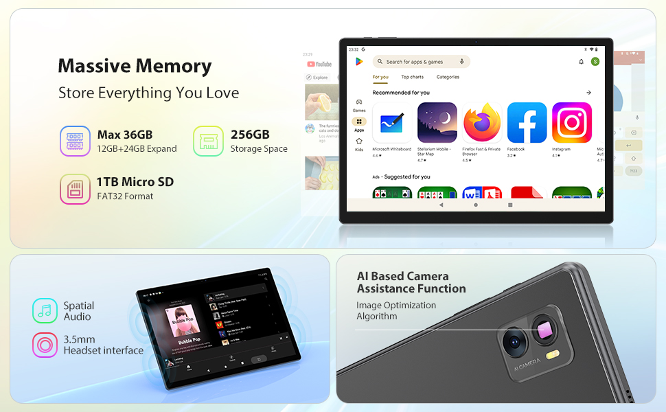 Tablet device interface showing customization menu with options for Privacy Control, Convenient Toolbar, Security Guide, and Parental Control against a gradient background.
