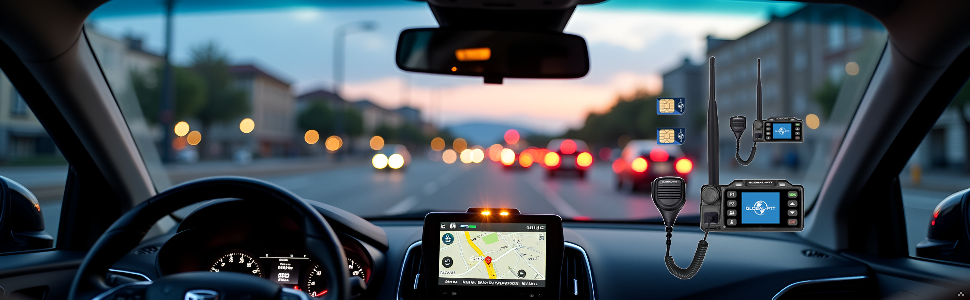 Interior view from driver's seat showing GPS navigation system and nighttime city traffic through windshield.