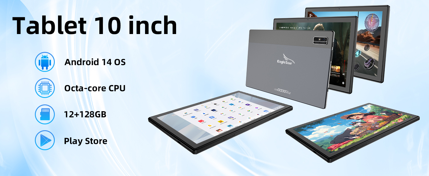 10-inch Android tablet featuring Android 14 OS, Octa-core CPU, 12+128GB storage, and Play Store access, shown in multiple viewing angles with grey casing.