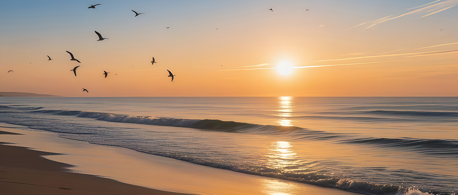 Peaceful beach landscape at sunset or sunrise, with silhouettes of birds flying across an orange sky. Sun reflects on ocean waves rolling onto sandy shore.