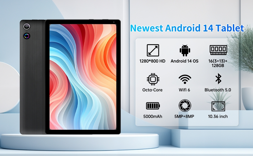 Text reads 'Newest Android 14 Tablet'. Product image showing tablet device with specifications icons including Wi-Fi, Bluetooth, Android OS, and battery indicators.