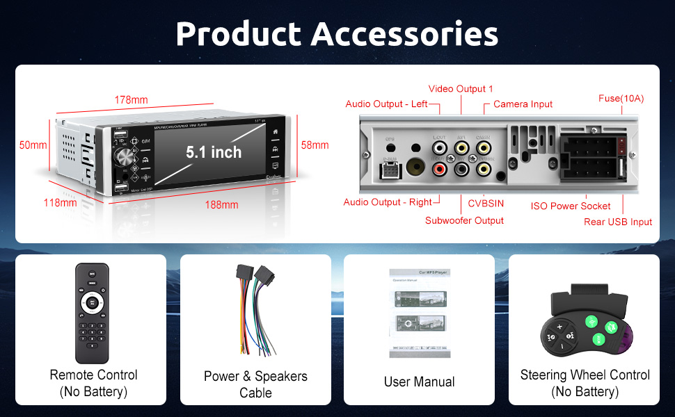 Product accessories diagram for electronic device, showing dimensions of main unit, remote control, cables, manual, and steering wheel controller.